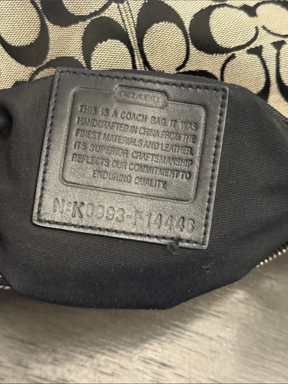 Coach Signature Jacquard Monogram Leather Trim Shoulder Bag Black Gray Medium
